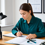 A focused professional woman, fully clothed in a modest, smart casual long-sleeved top and trousers, diligently studying at a clean, modern study desk. She is surrounded by neatly organized textbooks on anatomy and hygiene, and open notebooks with handwritten notes and diagrams. On the desk, there are a few professional skincare tools, like a small, clean magnifying lamp and a neatly arranged set of esthetician instruments, suggesting practical application. The background is a blurred, bright, and calm study room, emphasizing concentration. The lighting is soft and natural, illuminating her face. Perfect anatomy, correct proportions, natural pose, well-formed hands, proper finger count. Professional photography, high detail, studio lighting. safe for work, appropriate content, fully clothed, professional.