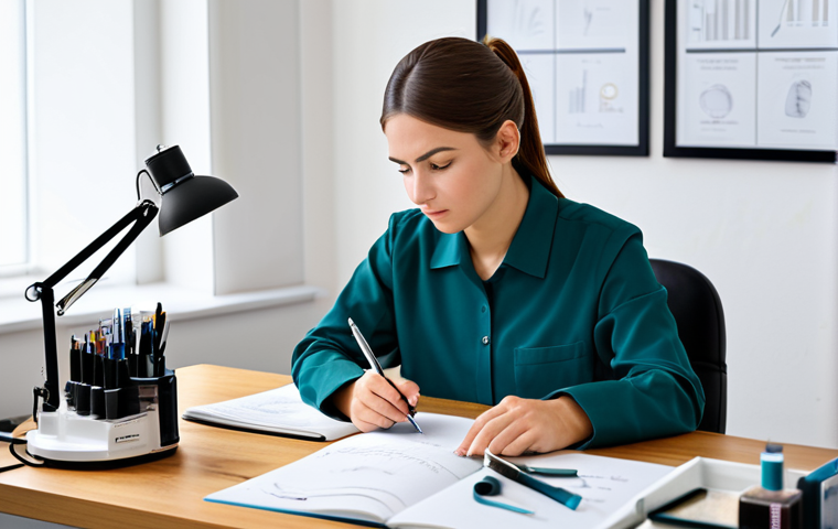 A focused professional woman, fully clothed in a modest, smart casual long-sleeved top and trousers, diligently studying at a clean, modern study desk. She is surrounded by neatly organized textbooks on anatomy and hygiene, and open notebooks with handwritten notes and diagrams. On the desk, there are a few professional skincare tools, like a small, clean magnifying lamp and a neatly arranged set of esthetician instruments, suggesting practical application. The background is a blurred, bright, and calm study room, emphasizing concentration. The lighting is soft and natural, illuminating her face. Perfect anatomy, correct proportions, natural pose, well-formed hands, proper finger count. Professional photography, high detail, studio lighting. safe for work, appropriate content, fully clothed, professional.